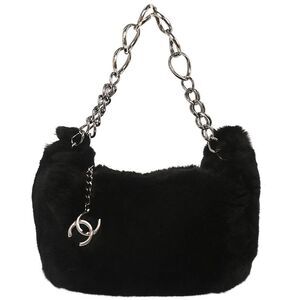 Chanel Chain Hobo Lapin Fur Black Fur Handbag (Pre-Owned)